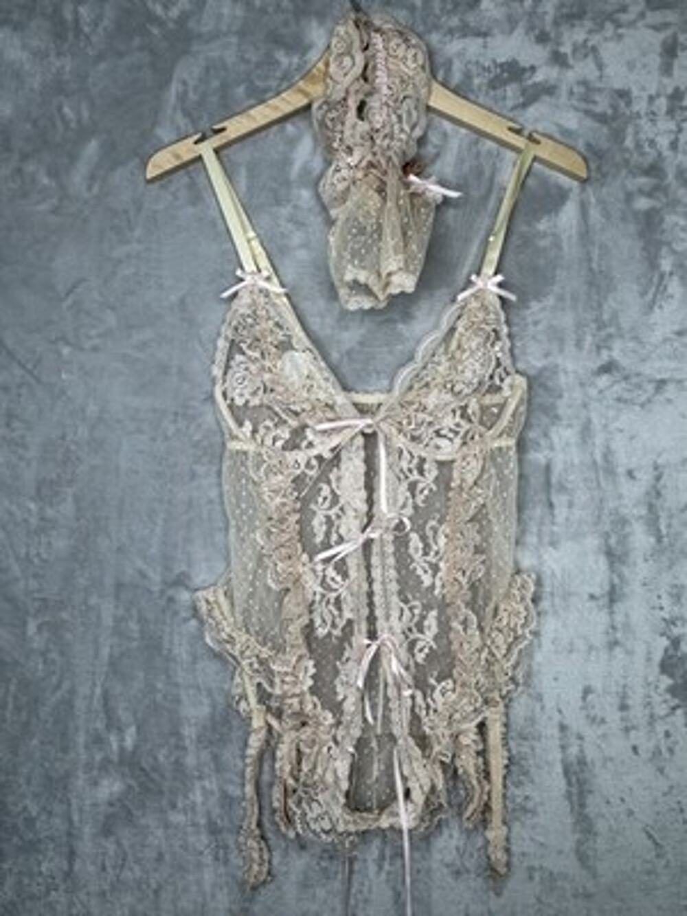 Chorus Line Lingerie Teddy Womens Medium Beige Lace Sheer Coquette Ruffle Set
